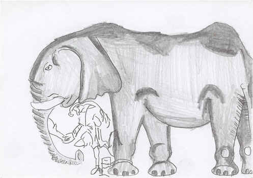 132 &ndash; Matthew ParisEin Elefant und sein Wärterca. 1255  &ndash; Aus einer Handschrift.Zeichnung Parker Library, Corpus Christi College, Cambridge